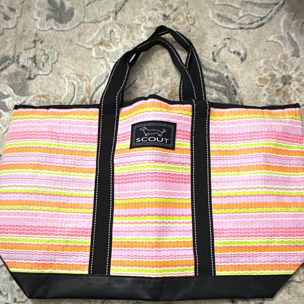 SCOUT Multicolor Striped Tote Bag, Woven Polypropylene, Lined, Black Handles